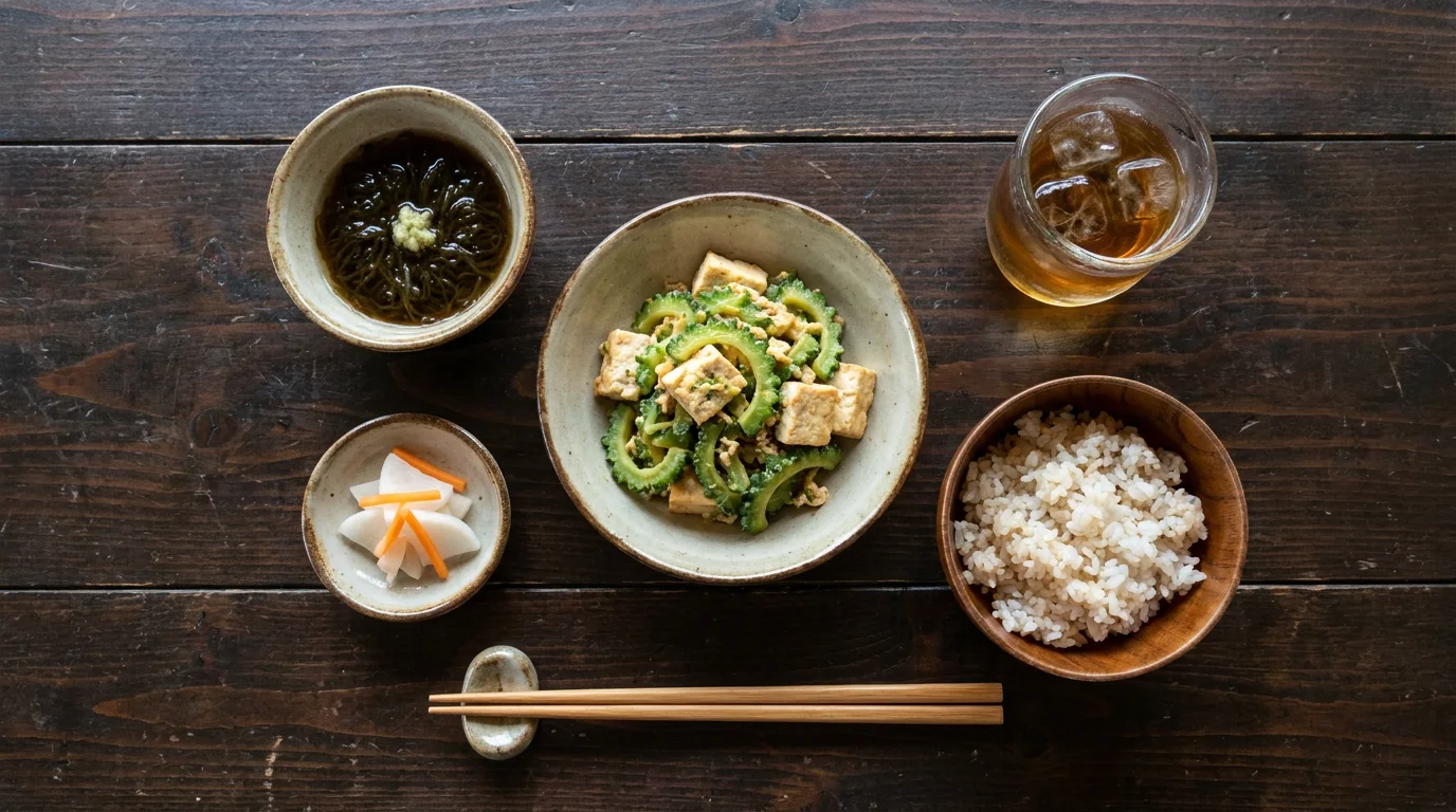 小皿に盛り付けた沖縄の家庭料理と薬味