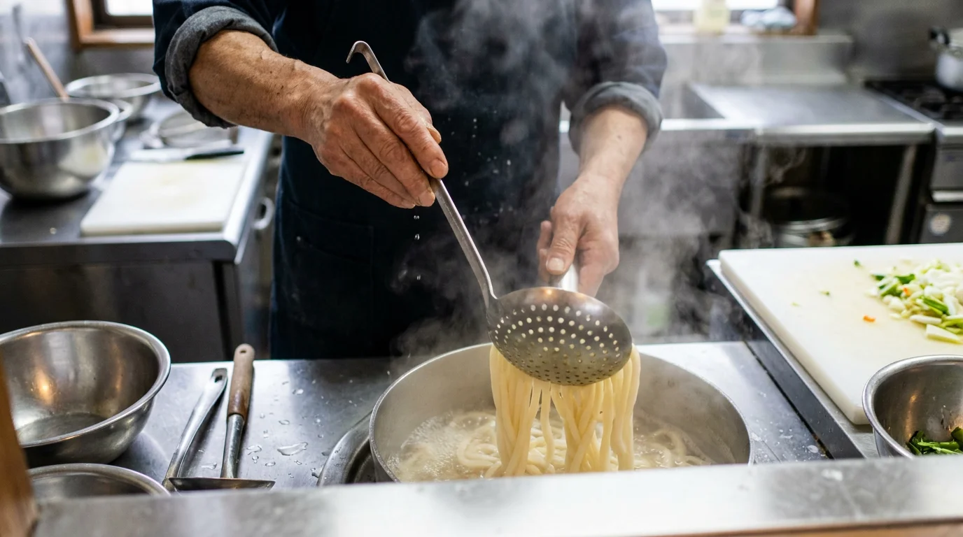 打ち粉をした作業台で沖縄そばの麺を仕込む手元