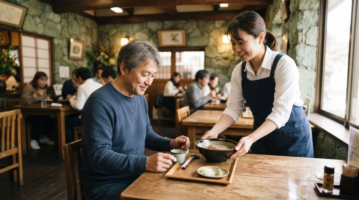 木のテーブルに沖縄そばを運ぶスタッフの手元