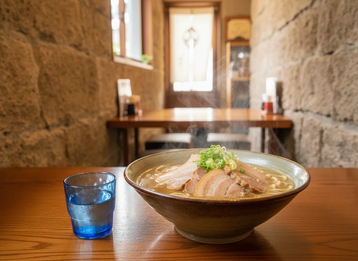 湯気の立つソーキそばに軟骨ソーキと青ねぎをのせた器